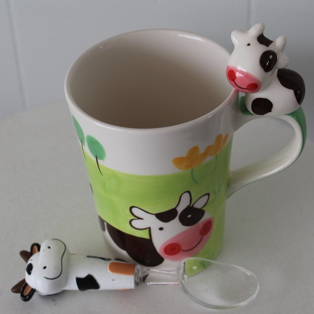 Indra Hand Painted Ceramic Whimsical Cow Mug with Matching Spoon
